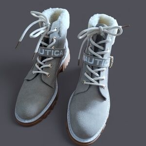 Nautica Women's Light Gray Combat Boots with White Fur NWOT